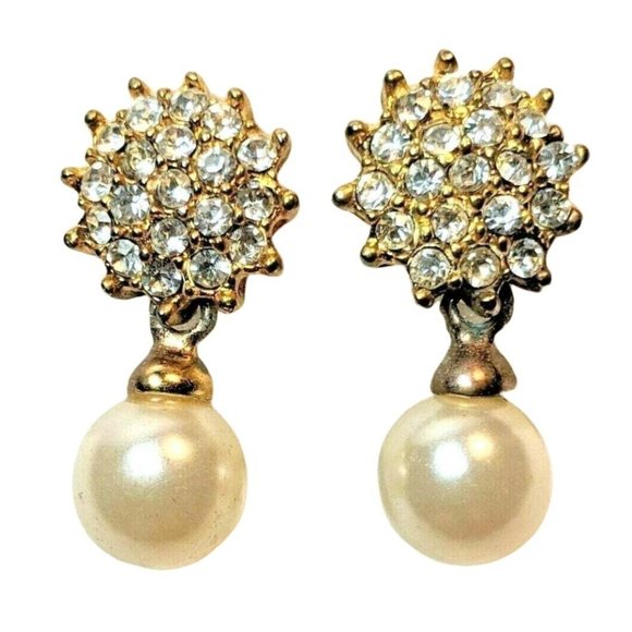 Pearl and Gold Drop /Dangle Pierced Earrings A353 - Picture 1 of 5